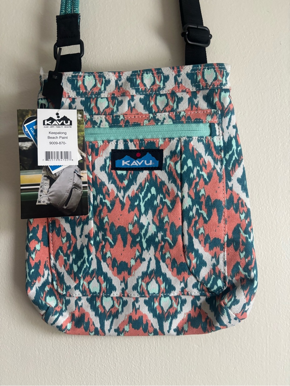 Kavu Crossbody Bag in Teal, Coral & White Pattern